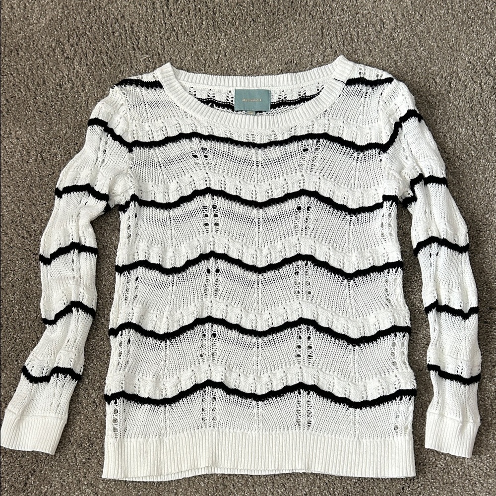 Skies Are Blue Women’s White Knit Sweater with Black Stripe Detail